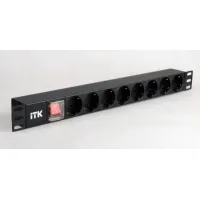 ITK PDU 8 розеток нем. стандарт, с LED выключателем,1U, без шнура, вх. C14, алюминиевый профиль