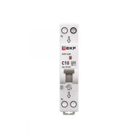 Автоматический выключатель дифференциального тока АВДТ-63М 1P+N 18мм 10А характеристика С 10мА тип AС электронный 6кА PROXIMA EKF
