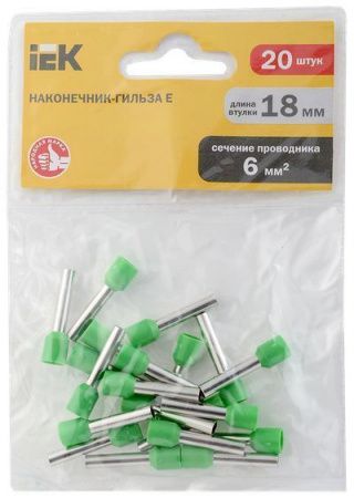 Наконечник НШВИ   6,00-18 Наконечник-гильза Е6018 6мм2 (светло-зеленый,20шт) IEK