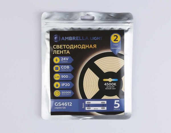 Светодиодная лента Ambrella Light GS4612 COB 400Led/10W m/ 24V IP20 4500K/ 5m*5mm*2.1mm (2 конт.) GS4612